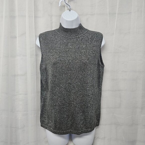 Liz Claiborne Gray Silver Metallic Mock Neck Knit Tank Sleeveless SP - Picture 1 of 10